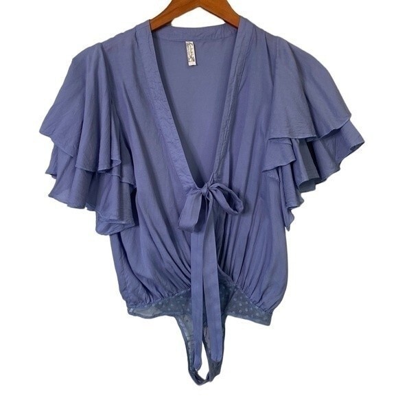 Free People Intimately Call Me Later Body Suit Flutter Short Sleeve Wrap Tie - Picture 2 of 16